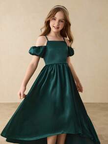 Princess Dress For Girls, Suitable For Graduation, Violin/Piano Performance, Hosting, Party, Halloween, Long Sleeve Chiffon Dress Fall Winter - Green - View 3