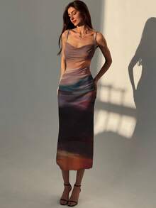 Aloruh Women's Elegant Tie-Dye Sleeveless Mid-Length Dress, Summer Chic Dress,Prom Dress - White - View 1