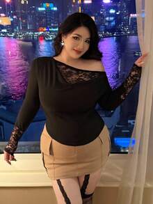 Flirla Áo thun dài tay ren bất đối xứng thiết kế trễ vai thanh lịch cỡ lớn, áo crop top ôm vừa vặn gợi cảm dành cho nữ mùa thu - màu đen - Xem 5