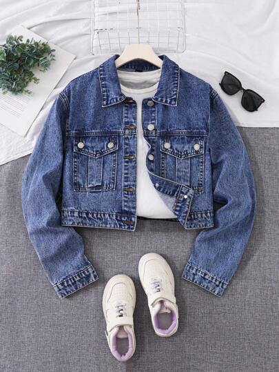 SHEIN 少女 Y2K 街头平口袋短款牛仔夹克，女孩时尚秋冬单品