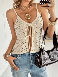 Siren Gaze Áo hai dây thắt nút đính sequin thời trang nữ mùa thu, áo kiểu casual, áo đi học, áo đi chơi, áo dễ thương mùa thu, áo sinh nhật cho nữ, trang phục phương Tây, áo casual mùa hè cho nữ. - Màu be - Xem 4