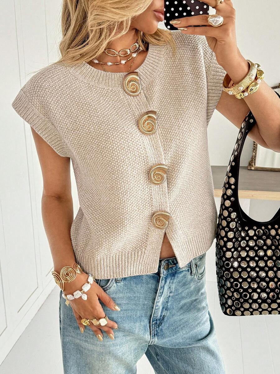 Siren Gaze Áo khoác cardigan dệt kim khóa kim loại thường ngày dành cho nữ - Màu be - Xem 1