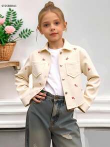 SHEIN Back-To-School Young Girls Vintage Washed Denim Jacket With Floral Embroidery,Soft Fabric Casual Fashionable Coats For Spring,Autumn Fall & Winter - Apricot - View 3