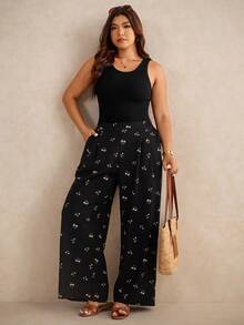 Elaquor 大码女装春夏时尚休闲宽松舒适清凉日常基本百搭黑色小碎花纹理面料松紧腰阔腿裤，女式下装，宽松裤，可爱夏装，欧洲夏季，度假裤，女士机场装，女士休闲装 - 黑色 - 查看 5