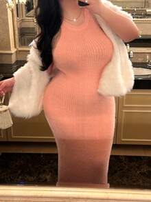 SHEIN MOOSTA Women's Slim Fit Waist Cinched Long Knit Sweater Dress, Autumn/Winter Fall - Pink - View 1