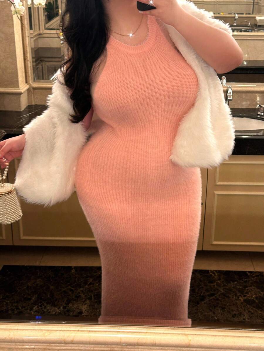 SHEIN MOOSTA Women's Slim Fit Waist Cinched Long Knit Sweater Dress, Autumn/Winter Fall - Pink - View 1