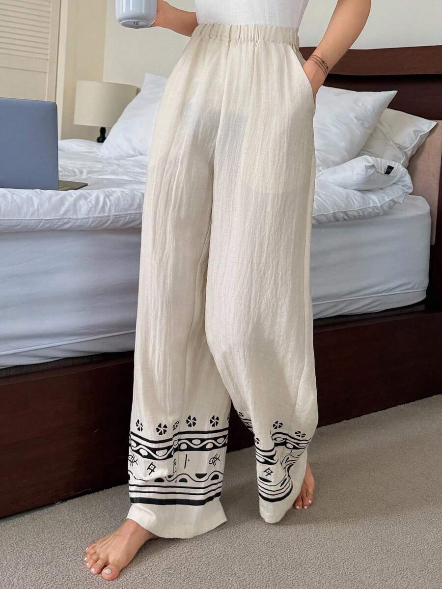 Pantalones de pijama de pierna recta con estampado, ropa de estar en casa, otoño - Blanco - Ver 1