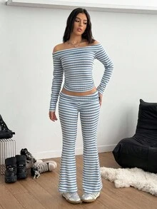 Teenage Girls' Casual Striped Transparent Shoulder Strap Off Shoulder Long Sleeve Top And Simple Knit Flare Pants, Spring/Autumn - Baby Blue - View 7