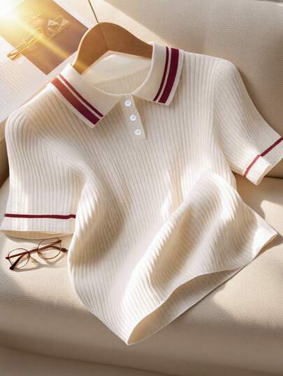 GlowEve CURVE 大码休闲拼色短袖针织 T 恤，撞色印花袖口 + Polo 领女式上衣