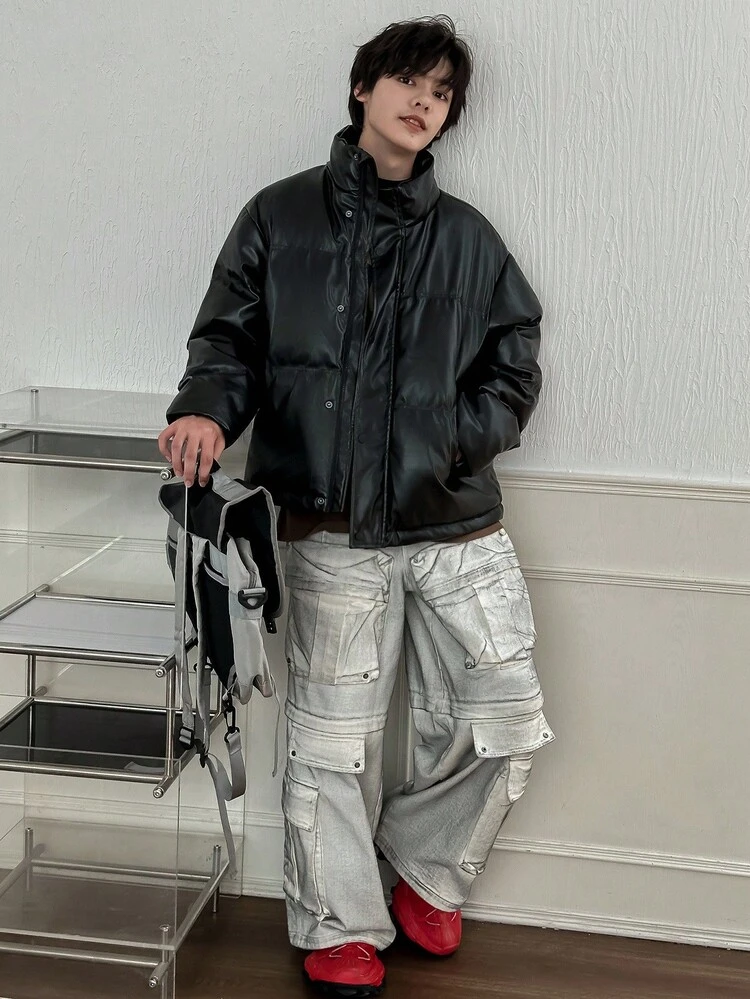 Teen Boys Padded Coat, Fall Leather Jacket