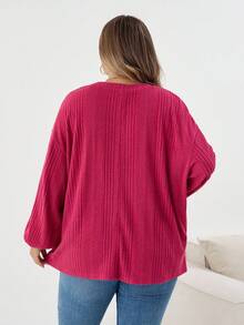 SHEIN CURVE+ Plus Size Autumn Pearl Detail Ribbed Knit Long Sleeve Top/Autumn /Winter - Hot Pink - View 2