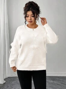Elenzga Plus Size Women Solid Color Round Neck Long Sleeve Fuzzy Decor Fashion Pullover Sweater Winter Fall Autumn - White - View 5