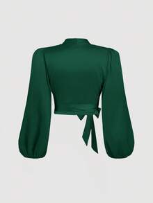 SHEIN MOD 大码女式绿色裹身领带蝴蝶结灯笼袖衬衫 - 墨綠色 - 查看 2