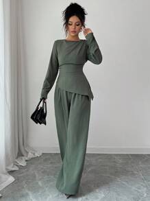 SHEIN Raffinéa 2件套女士纯色褶边不对称下摆长袖套装 - 綠色 - 查看 7