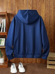 Manfinity NXTstreet 男士休闲字母图案印花针织修身套头连帽衫，带抽绳，男士新颖连帽衫，海军蓝连帽衫，男士自由图案连帽衫，男士蓝色图案连帽衫，适合男士，秋季，冬季 - 藍色 - 查看 2