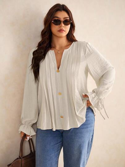Elaquor 大码纯色 V 领落肩长袖纽扣前开襟衬衫