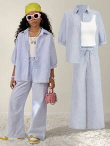 Coolane Kids 青少年女孩，夏季，3 件套：蓝白条纹前开衫，配套蓝白条纹裤子和白色背心，开学季