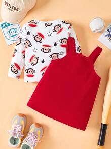 Paul Frank X SHEIN Bộ 2 áo thun dài tay cổ tròn in hình khỉ cho bé gái và váy yếm đỏ - Đỏ và trắng - Xem 2