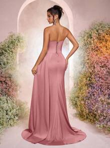 Glamrae Đầm satin thanh lịch không dây vai, cổ khoét sâu, chất liệu lưới xuyên thấu, họa tiết xương cá, hoa 3D, dáng đuôi cá, xẻ cao bên hông, xếp ly, dây buộc điều chỉnh được, thích hợp cho hẹn hò, kỳ nghỉ, sinh nhật, tiệc tùng, dạ hội, đám cưới, các dịp trang trọng, ngày Valentine. - Bụi hồng - Xem 2