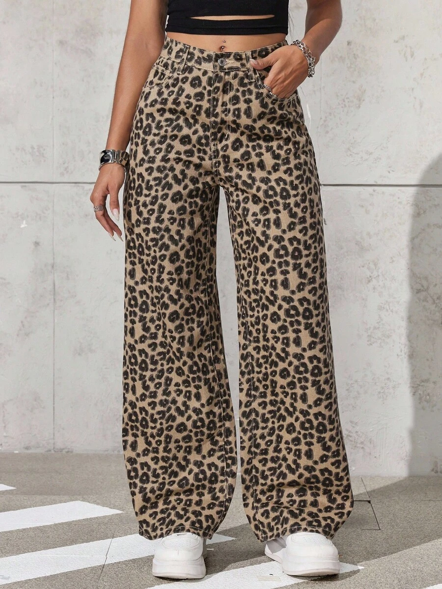 EMERY ROSE Women's Leopard Print Pocket Wide Leg Loose Casual Jeans Pants - Multicolor - View 1