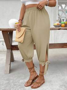 SHEIN LUNE Quần lửng cạp cao có dây rút cỡ lớn, thích hợp cho mùa xuân/hè. - Màu Khaki - Xem 7