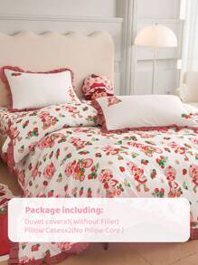Strawberry Shortcake X SHEIN Juego de ropa de cama con volantes y estampado de fresa, apto para cama individual/doble/queen/king, dormitorio/hogar, ideas de regalo (3 piezas)