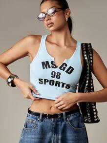 MISSGUIDED MSGD Sports Nostalgic Y2K Crop Tank Top Varsity Style Sleeveless 98 Print High Summer Workout Training Campus Active Wear Racerback Basic Cotton - Blue - View 1
