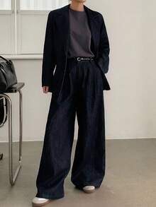 DAZY 女式牛仔外套，有领，直筒裤，休闲牛仔套装 - 深色水洗藍 - 查看 3