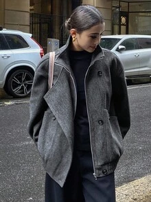 DAZY 女士立领双排扣拉链宽松休闲夹克冬季女式外套 - 深灰色 - 查看 6