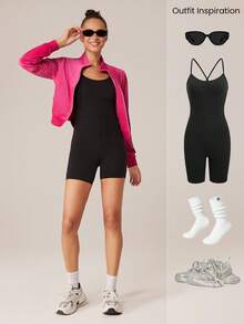 GLOWMODE Thin Velvet Cropped Bomber Sweatshirt With Rhinestone Logo Daily Casual - Tropical Pink - View 5