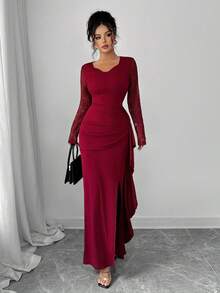 Modelyn 女式纯色撞色蕾丝长袖褶皱腰开衩连衣裙 - 酒紅色 - 查看 8