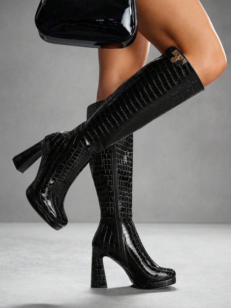 CUCCOO SZL Women's New Fashion Boots, Waterproof Platform Thick Heel Square Toe Sexy Black Knee-High Boots, Autumn/Winter