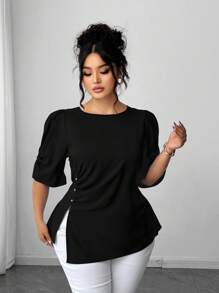 Elenzga Plus Size Women's Elegant Woven Short Sleeve Blue Beaded Decor Fitted Blouse - Black - View 2