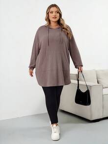 SHEIN CURVE+ Plus Size Solid Color Hooded Drawstring Asymmetrical Hem Sweatshirt Winter Fall Autumn/Autumn /Winter - Dusty Pink - View 7