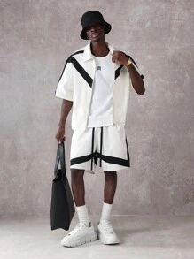 SUMWON 设计师运动套装都市街头风格短袖拉链运动夹克搭配短裤运动跑步篮球夏季宽松版型 - 白色 - 查看 1