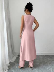 Selianne Bộ quần ống rộng không tay cổ chữ V hở phía trước thời trang & thanh lịch cho phái nữ trẻ, mùa xuân/hè - Hồng - Xem 2