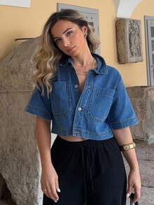 Jeta Ari 休闲度假短袖短款牛仔夹克 - 中等水洗藍 - 查看 6