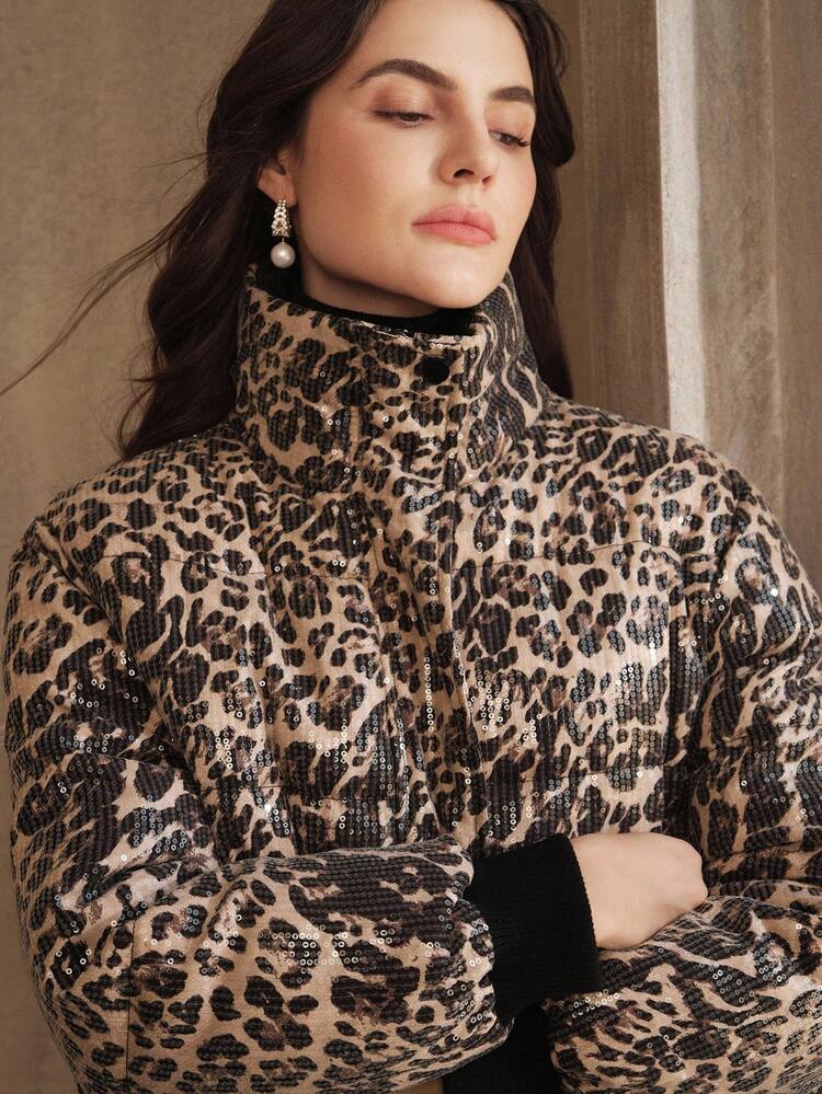 Leopard Print Sequin Padded Jacket, Suitable For Autumn, Fall, Winter, Going Out, Elegant, Formal, Party, Chic, New Year, Women's Winter Coat, Christmas, Work, Graduation