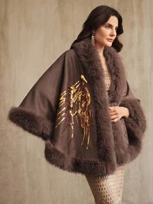 Anewsta Chaqueta capa de mujer con diseño de lentejuelas y parches de piel de zorro de lujo - Marrón - Ver 4