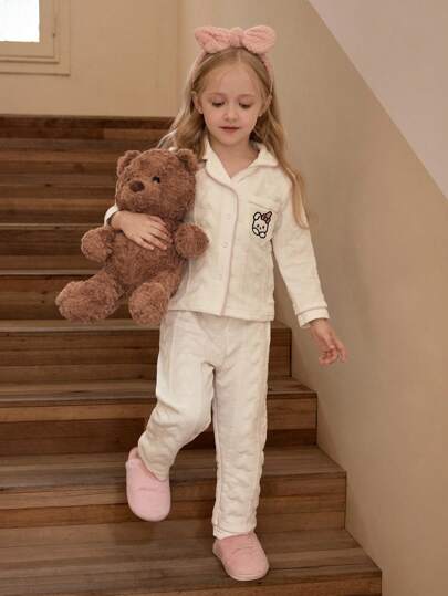 女童可爱爱心纹理领开衫和裤子休闲舒适睡衣套装 女童睡衣套装 冬季女童睡衣套装 女童睡衣 儿童睡衣套装