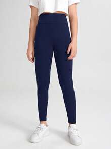 SHEIN Teen Girl Solid Color High Waist Leggings Fall Winter - Navy Blue - View 3