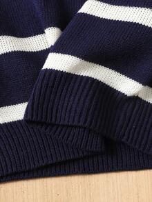 SHEIN 青少年女孩休闲宽松拼色条纹圆领套头衫 - 藍白色 - 查看 5