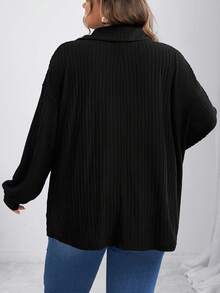 SHEIN CURVE+ 大码法式休闲拉链罗纹针织T恤，秋冬 - 黑色 - 查看 2