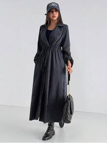 Aidyla 女式条纹海军蓝长袖通勤腰带隧道褶皱风衣，秋季 - 藏蓝色 - 查看 4