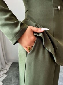 Elenzga Bộ đồ vest hai mảnh cổ chữ V ve áo thanh lịch, tay dài, thiết kế độc đáo, thắt lưng eo, cài nút, cao cấp kèm quần ống rộng ống đứng, phù hợp cho việc đi làm vào mùa thu - xanh quân đội - Xem 5