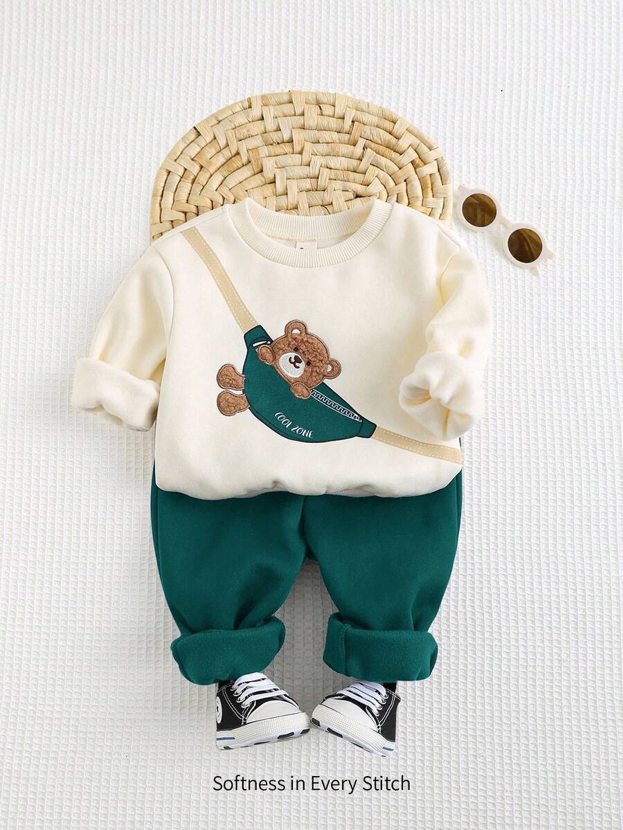Cozy Pixies 2件套男婴熊图案圆领长袖连帽衫和慢跑裤套装 - 墨綠色 - 查看 1