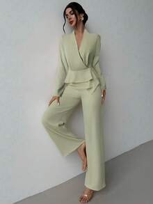 Firerie 女士新款优雅浪漫露背长袖交叉 V 领露背不对称下摆上衣和宽松直筒裤绿色两件套，秋季女装，外出装，机场装 - 綠色 - 查看 3