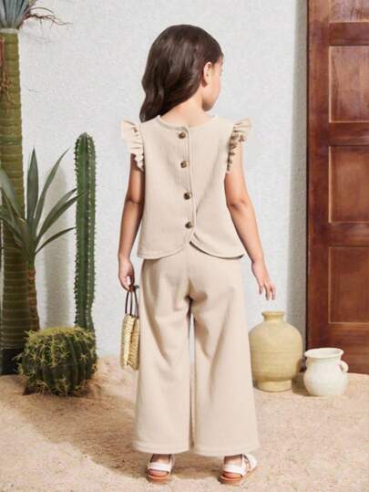 Elladie kids 2件套女童纹理面料短袖纽扣后背T恤和休闲长裤套装，小女孩套装，亚麻两件套