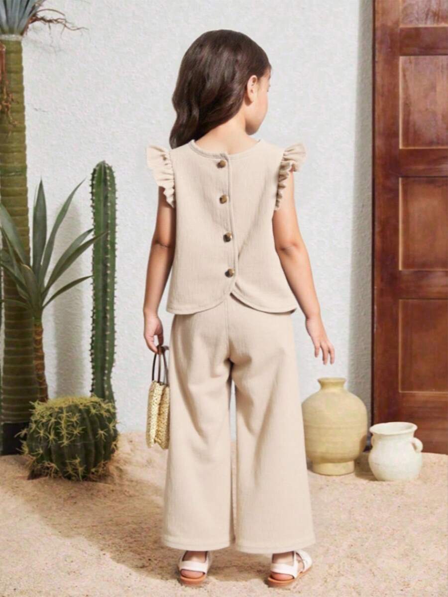 Elladie kids 2件套女童纹理面料短袖纽扣后背T恤和休闲长裤套装,小女孩套装,亚麻两件套 - 卡其色 - 查看 1