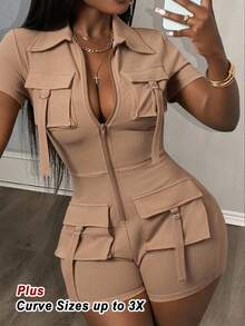 Slaydiva 春夏新款休闲街头风前拉链工装口袋短袖迷你露脐女式连体衣，卡其色，适合音乐节、复活节、圣帕特里克节、日常外出、派对、毕业季、运动休闲等场合。 - 卡其色 - 查看 3